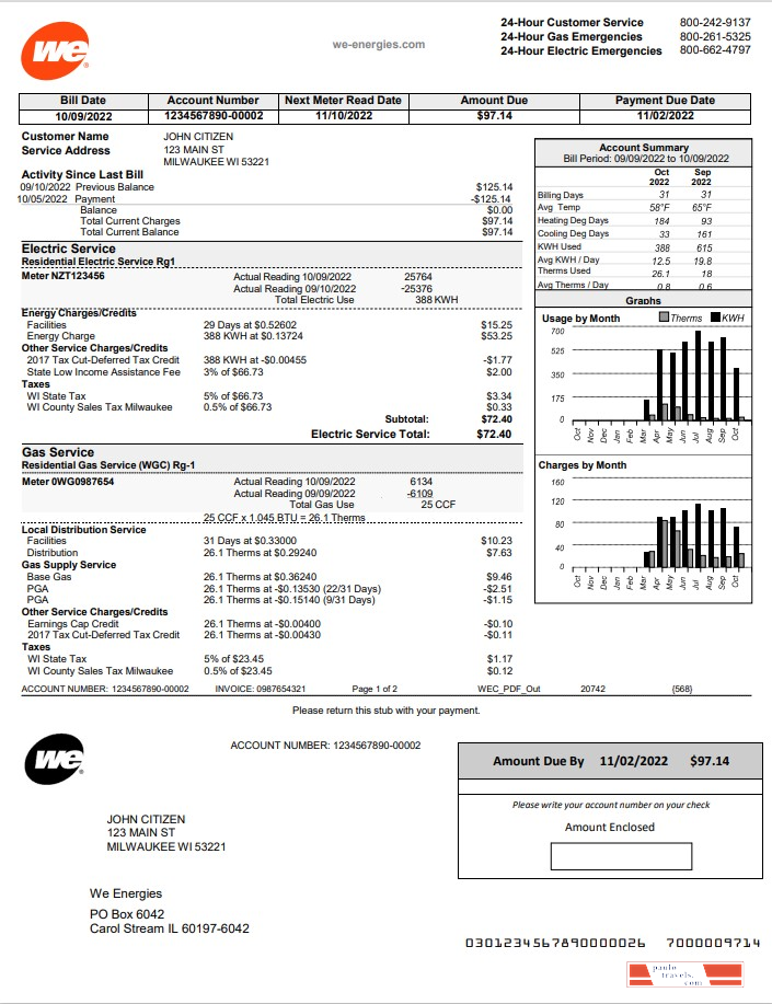 USA Wisconsin We Energies electricity utility bill template in Word and PDF format
